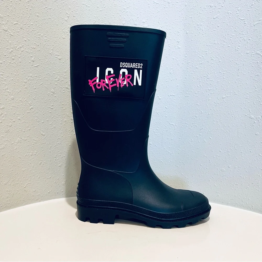 DSQUARED2 Women’s Icon Forever Tall Black Rubber Rain Boots Size 8 NEW - Picture 10 of 15